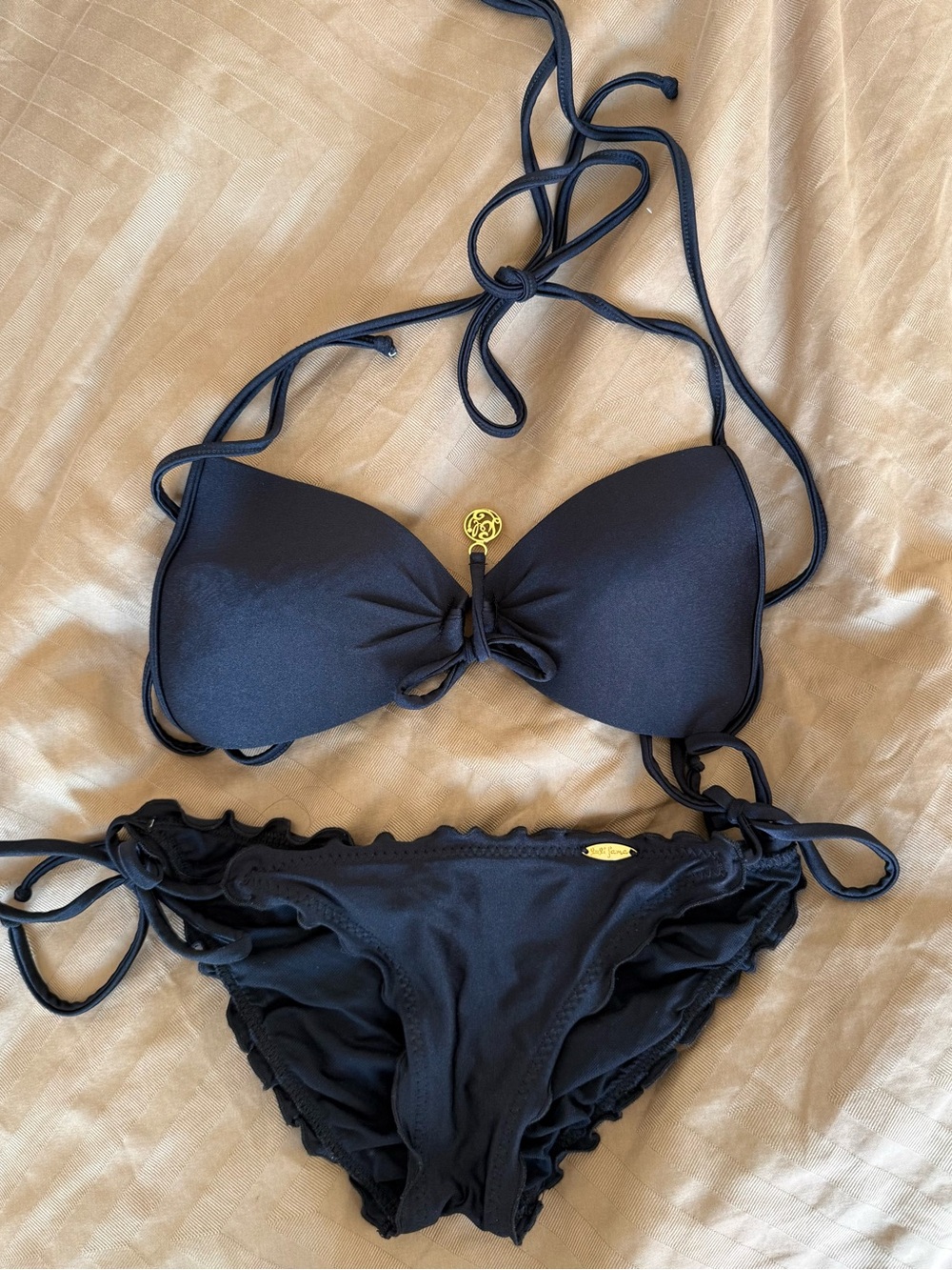 LULI FAMA Black Push Up Ruffle Tie-Side Bikini Set with Gold Accent NWOT - XS